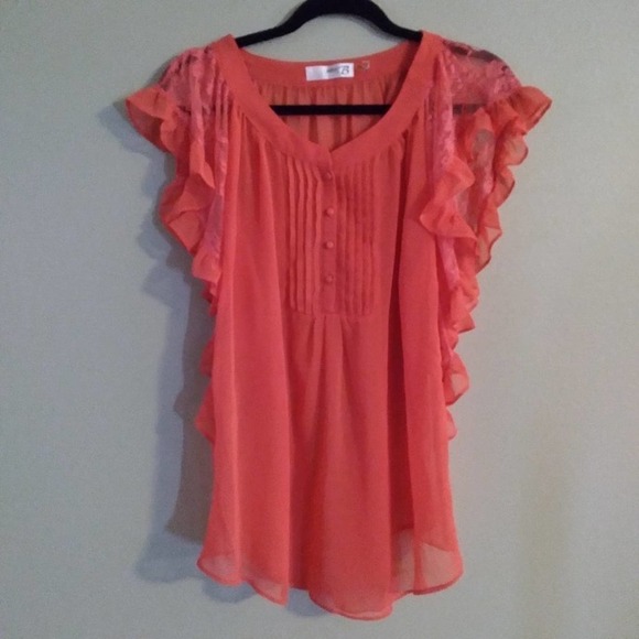 Mak B Lace Sheer Flutter Sleeve Pintucked Blouse - Picture 2 of 11